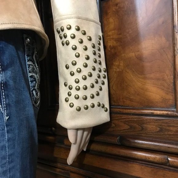 Curations Honey Beige Faux Suede Studded Zip Sleeve Jacket - Picture 12 of 16